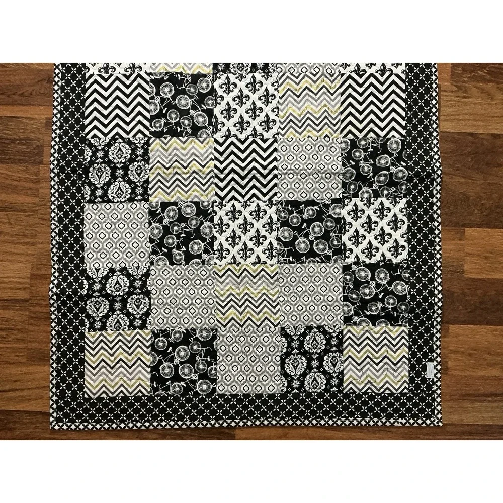 Handcrafted By Dee Black & White Patchwork Quilt 40in X 30in Bicycles & Chevron